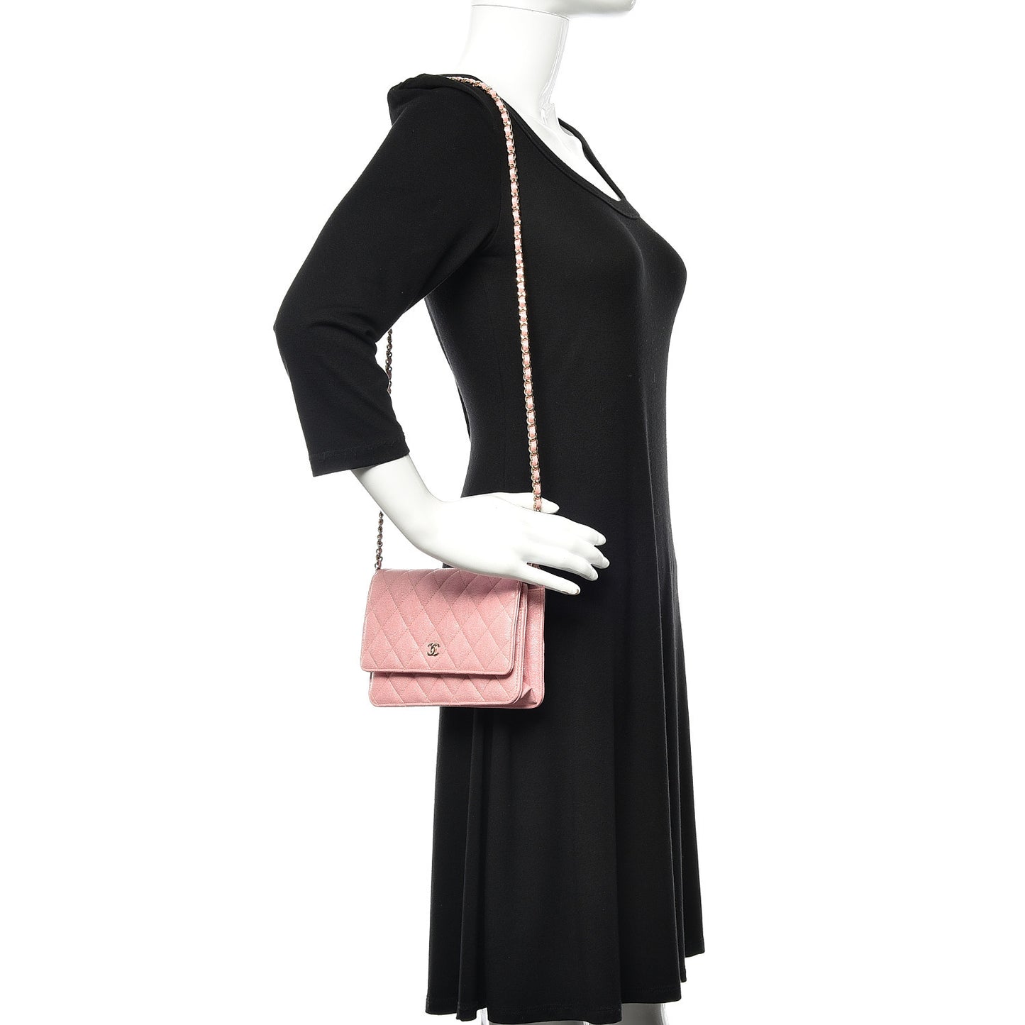 Iridescent Caviar Quilted Wallet on Chain WOC Rose Pink