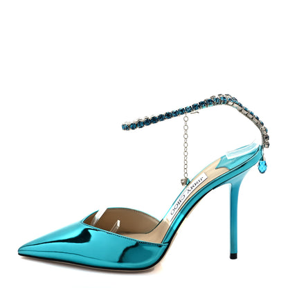 Jimmy Choo Liquid Metal Calfskin Crystal Saeda 100 Pumps 37.5 Malibu 1 of 7