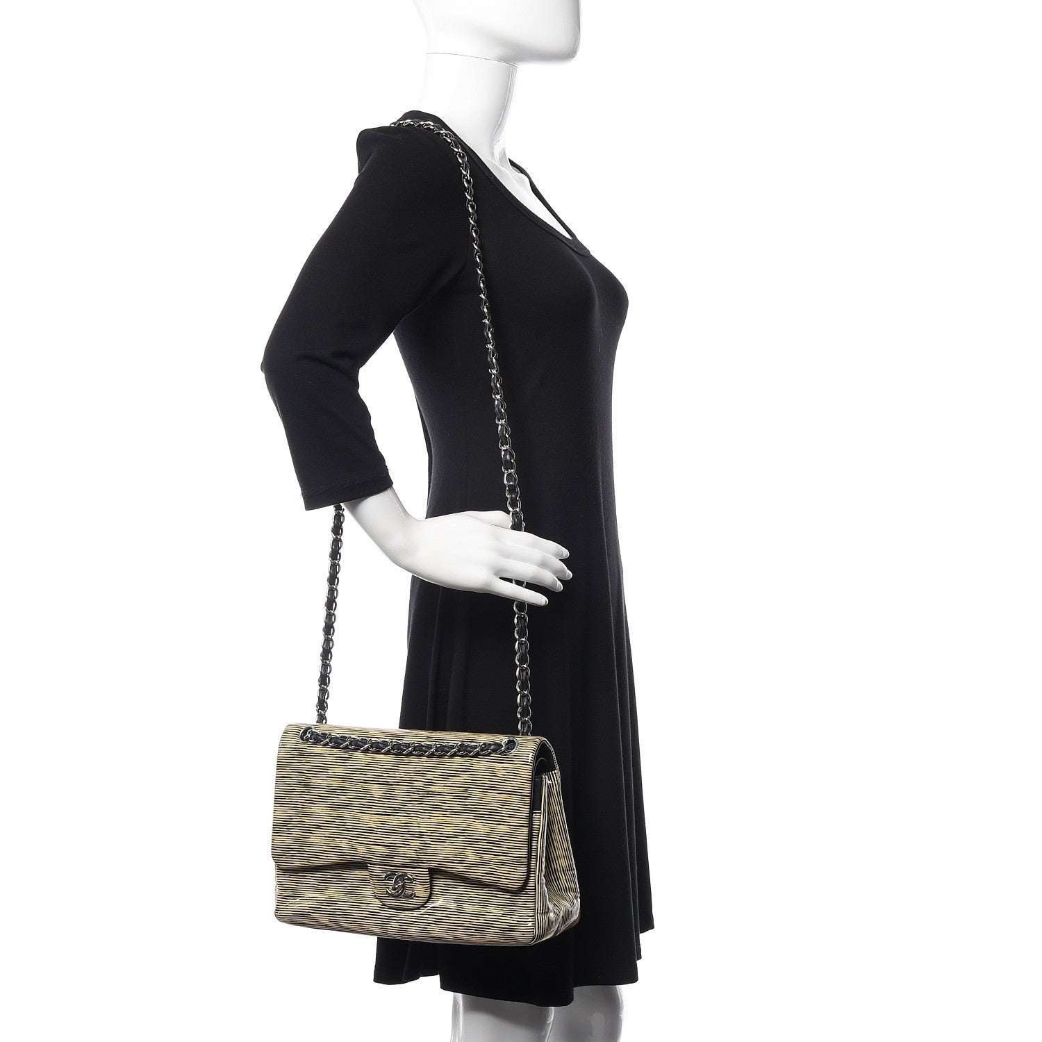 Chanel Patent Calfskin Striped Jumbo Double Flap Yellow Black 2 of 10