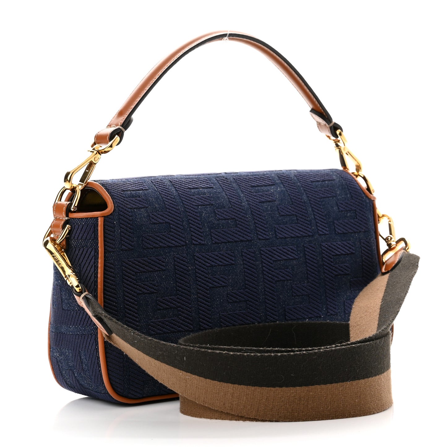 Denim Vitello King FF Embroidered Baguette Blue Cuoio