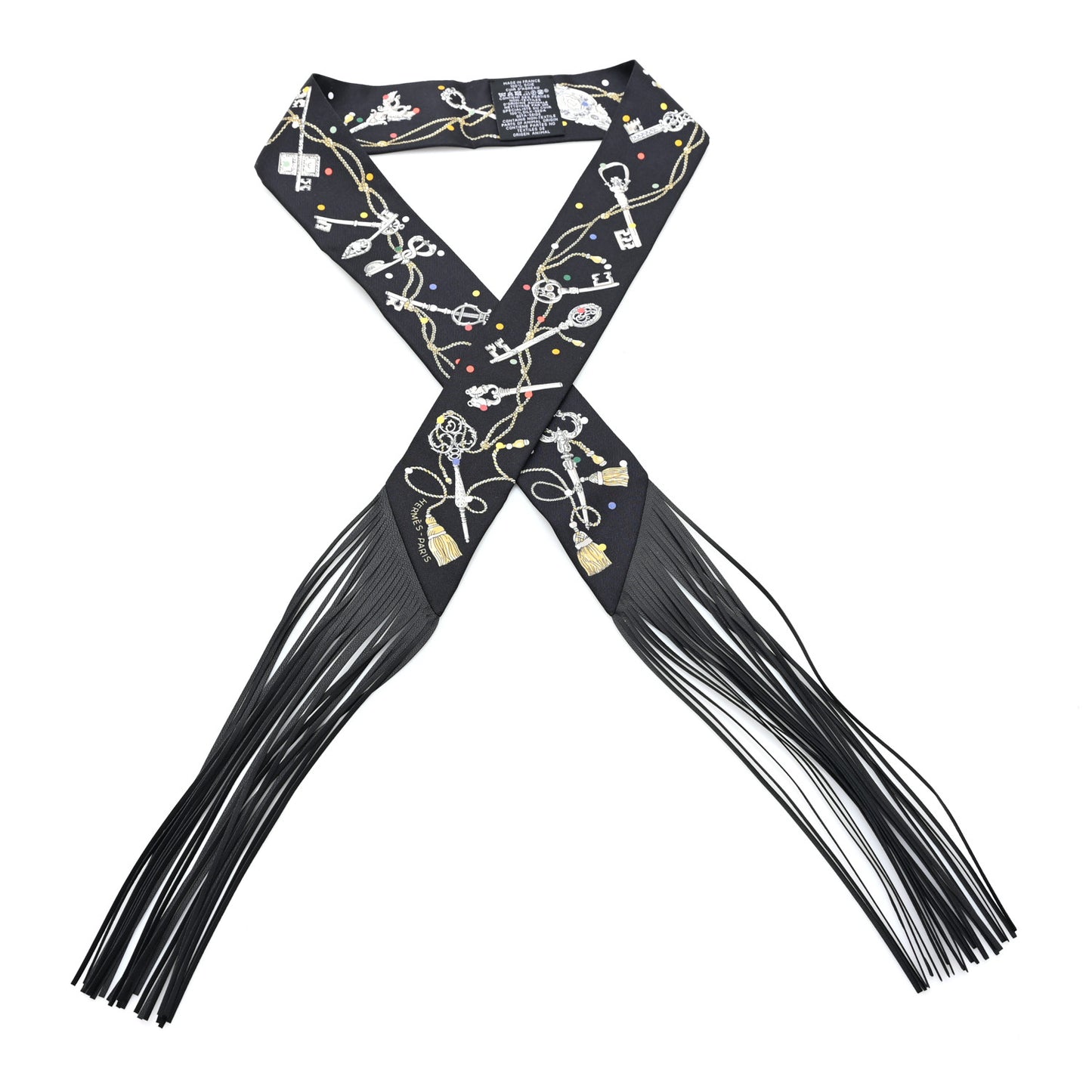 Silk Calfskin Les Cles A Pois Fringed Twilly Black Mordoré Blanc