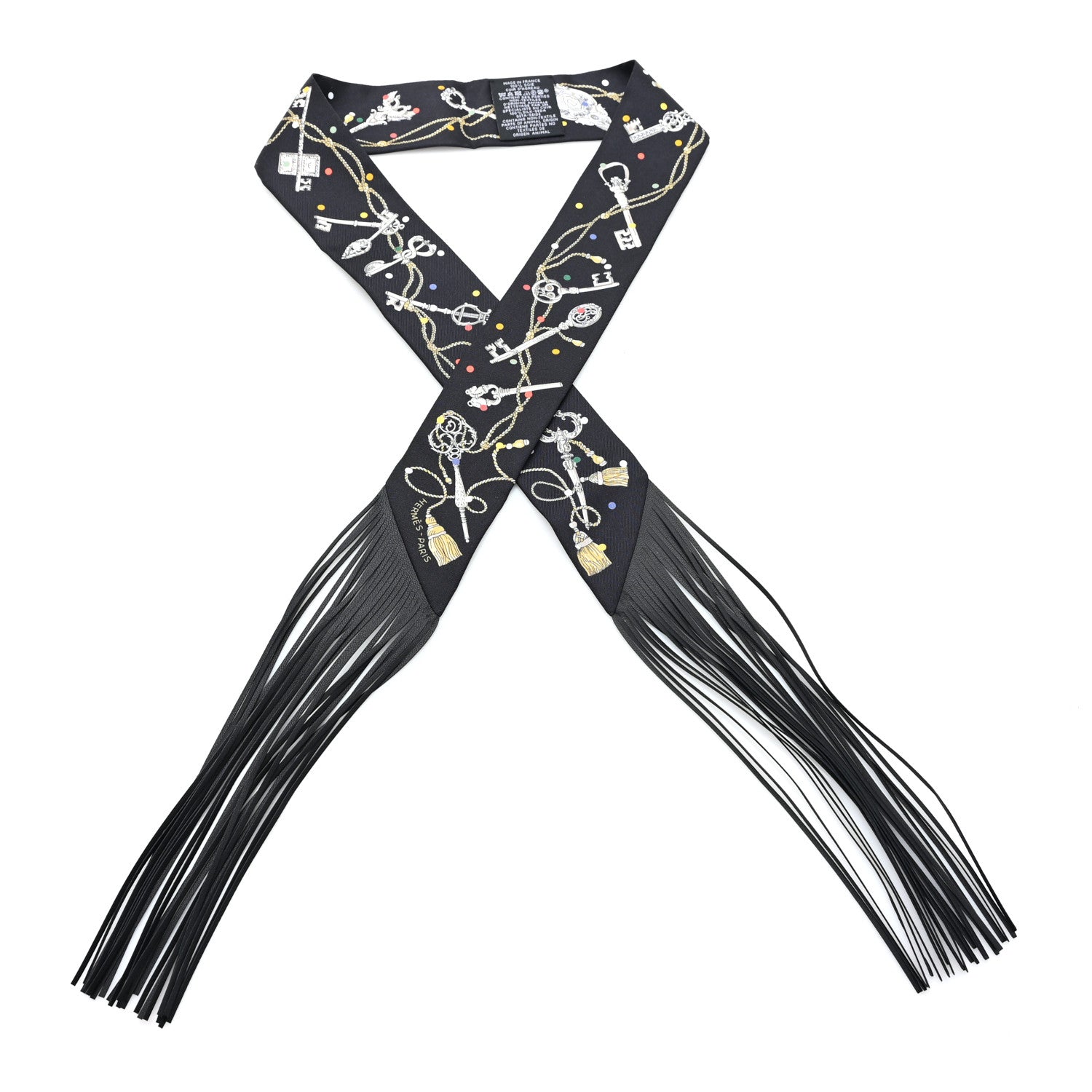 Hermes Silk Calfskin Les Cles A Pois Fringed Twilly Black Mordoré Blanc 1 of 3