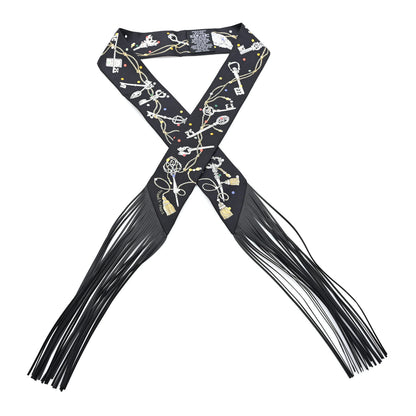Hermes Silk Calfskin Les Cles A Pois Fringed Twilly Black Mordoré Blanc 1 of 3