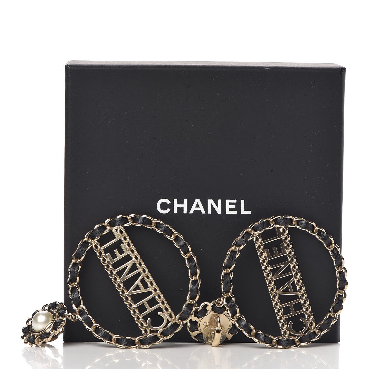 Pearl Lambskin Chain Logo Hoop Clip On Earrings Black Gold