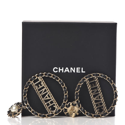 Chanel Pearl Lambskin Chain Logo Hoop Clip On Earrings Black Gold 7 of 7
