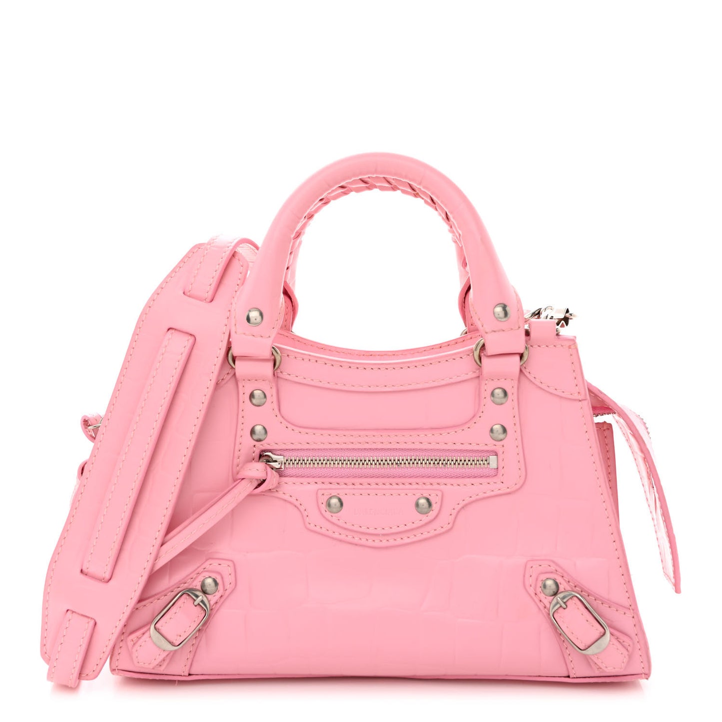 Semi Shiny Calfskin Crocodile Embossed Neo Classic Silver Hardware Mini City Pink