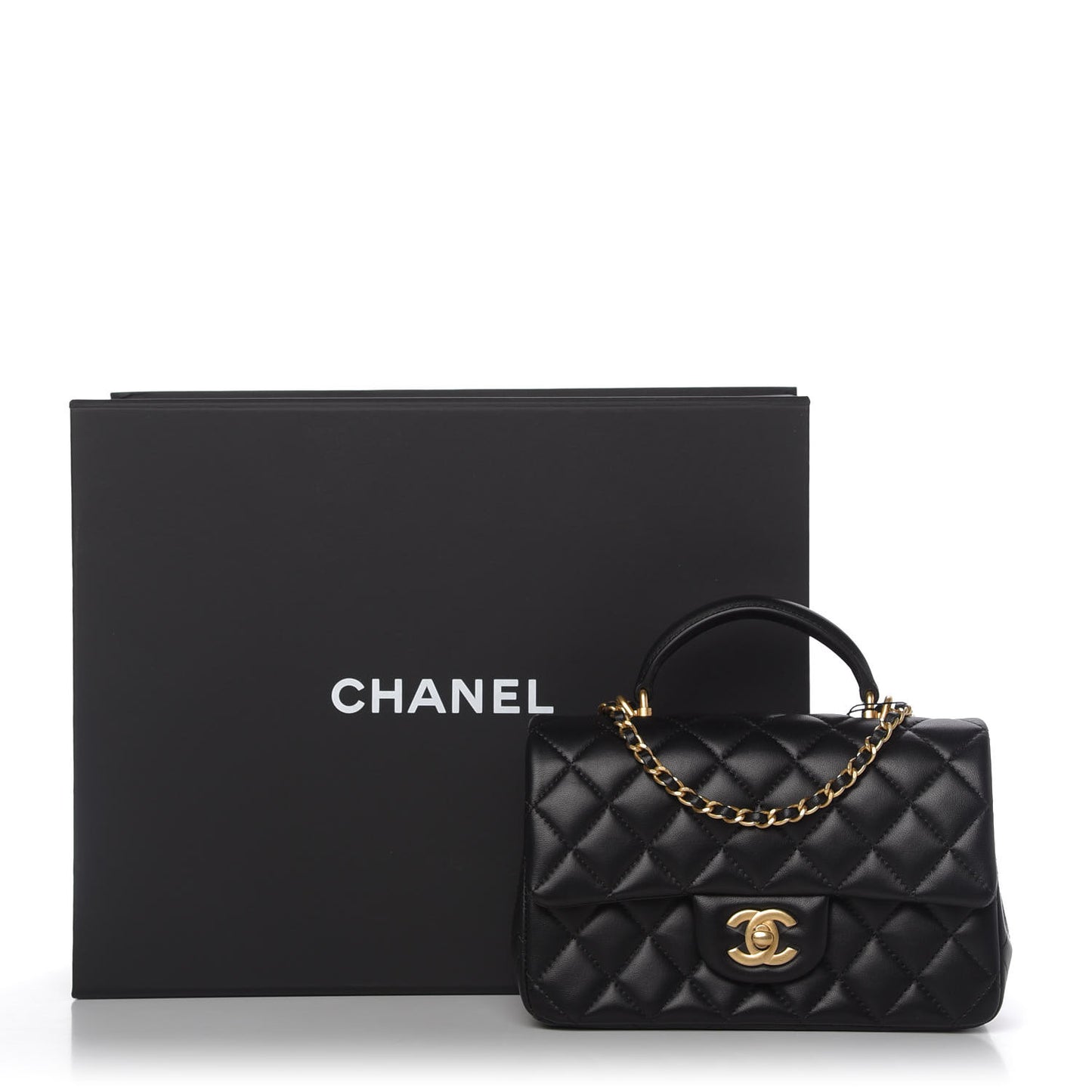 Lambskin Quilted Mini Top Handle Rectangular Flap Black