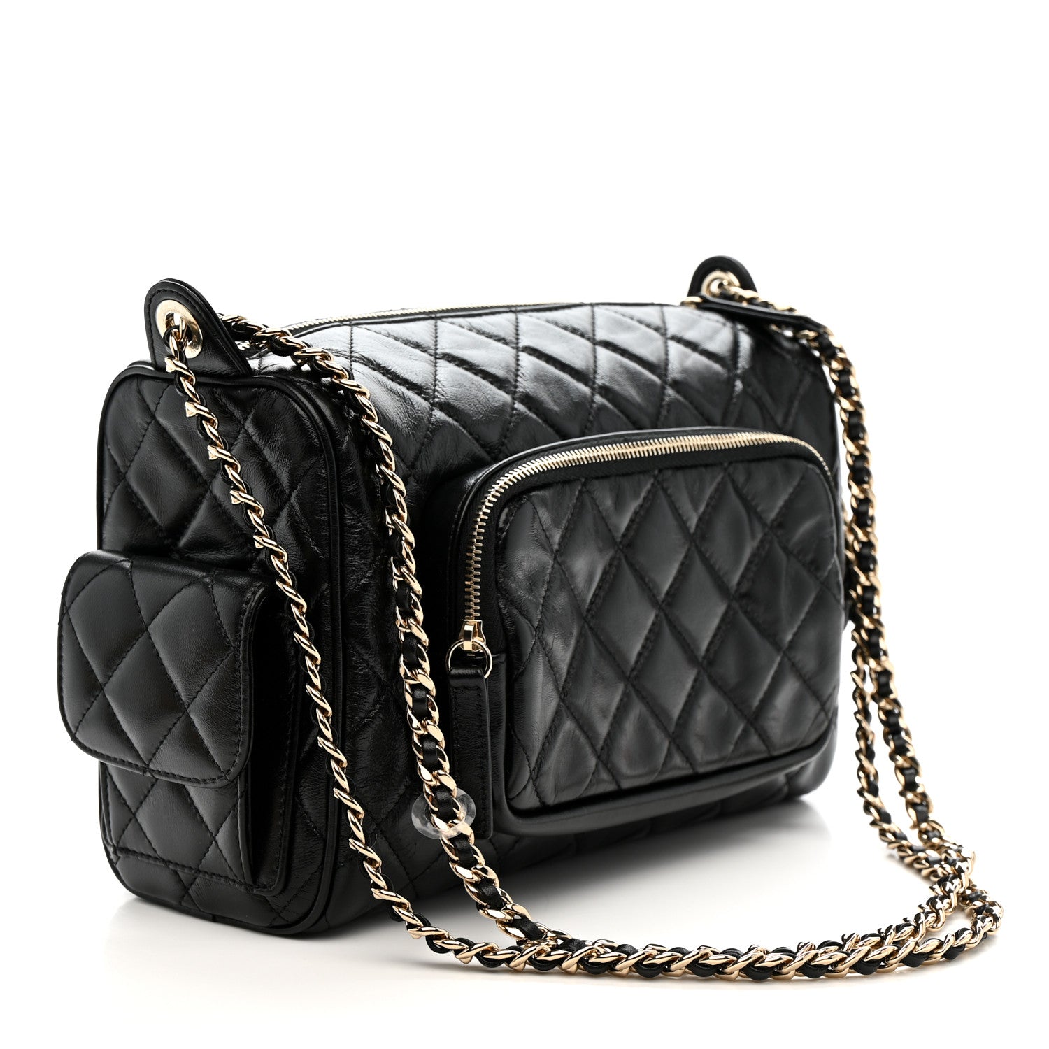 Chanel Shiny Crumpled Lambskin Quilted Medium Preppy Pocket Camera Case Black 3 of 10