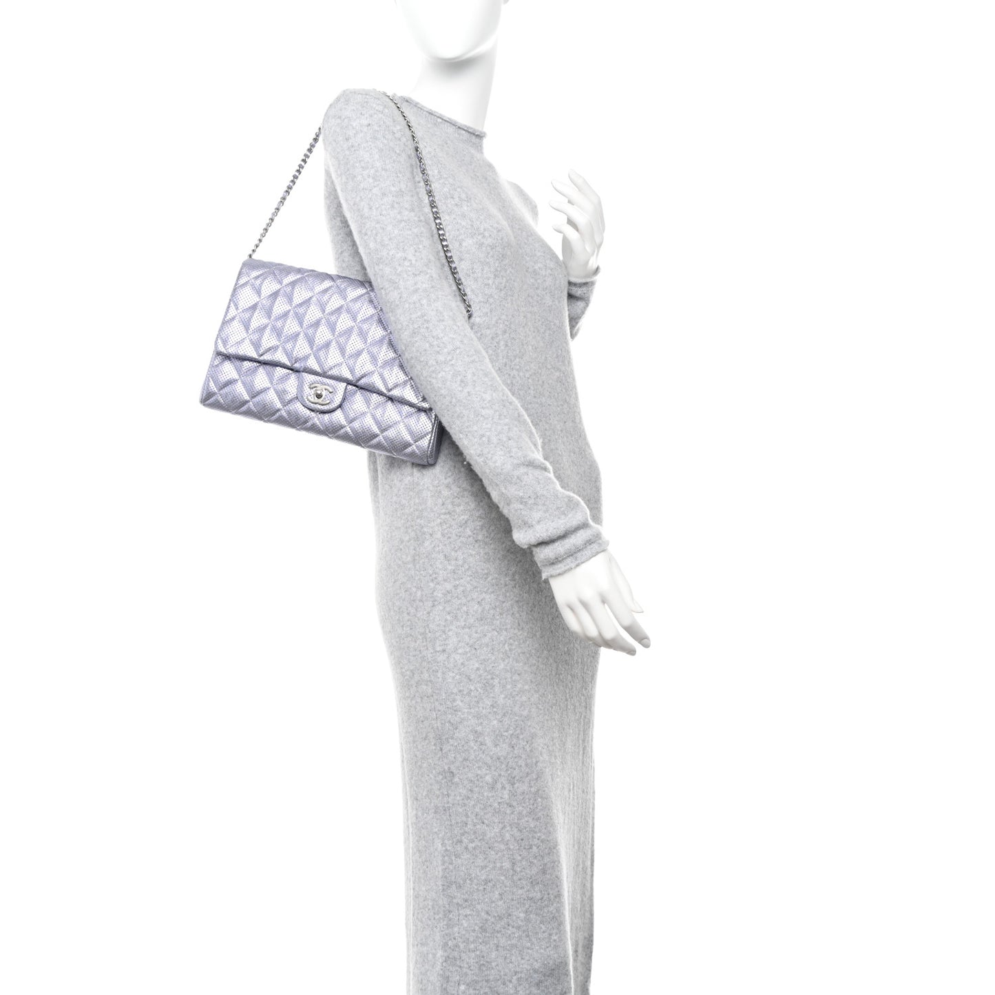 Metallic Perforated Lambskin Quilted Clutch With Chain Flap Silver