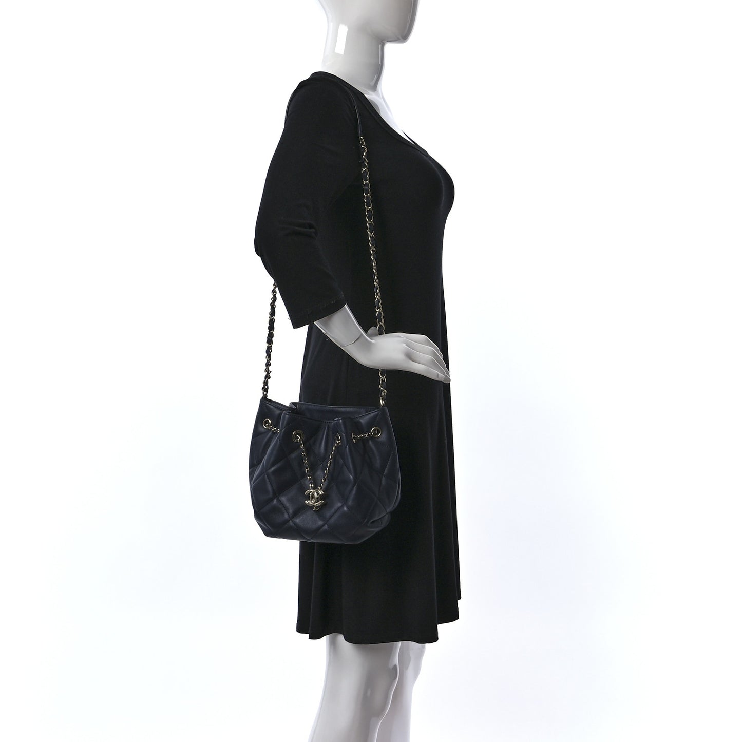 Lambskin Quilted CC Dweller Drawstring Bucket Bag Navy