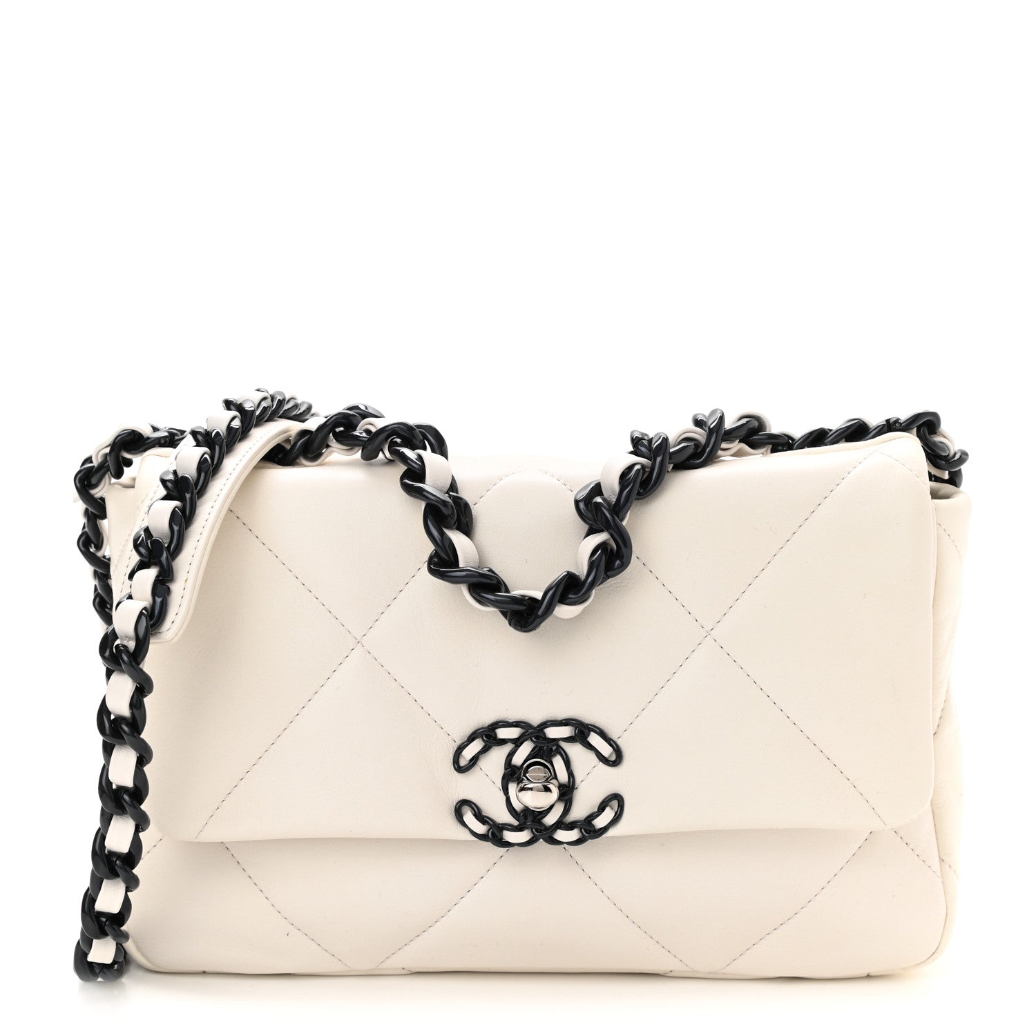 Chanel Glossy Calfskin Quilted Medium Chanel 19 Flap White Black 1 of 10