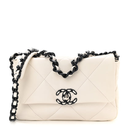 Chanel Glossy Calfskin Quilted Medium Chanel 19 Flap White Black 1 of 10
