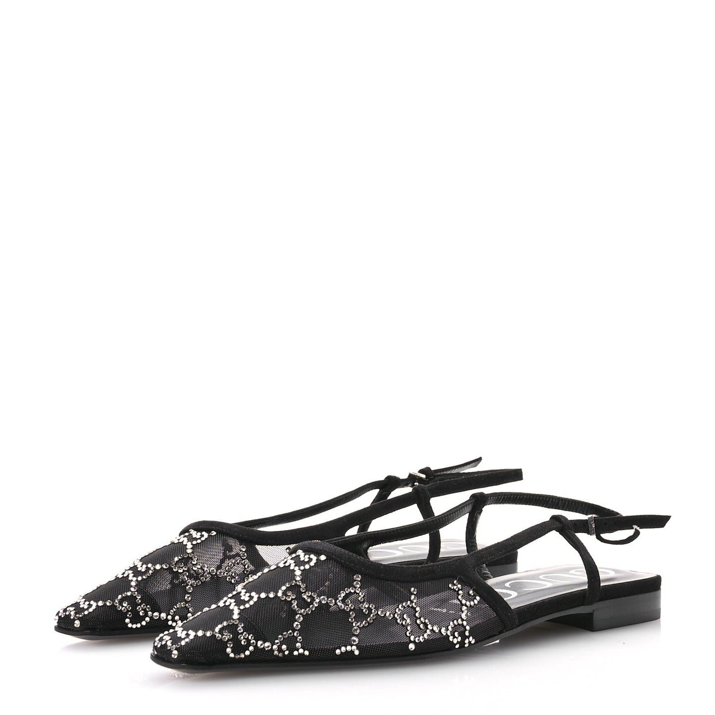 Tela Retino Kid Scamosciato Crystal GG Monogram Square G Slingback Flat 37 Black