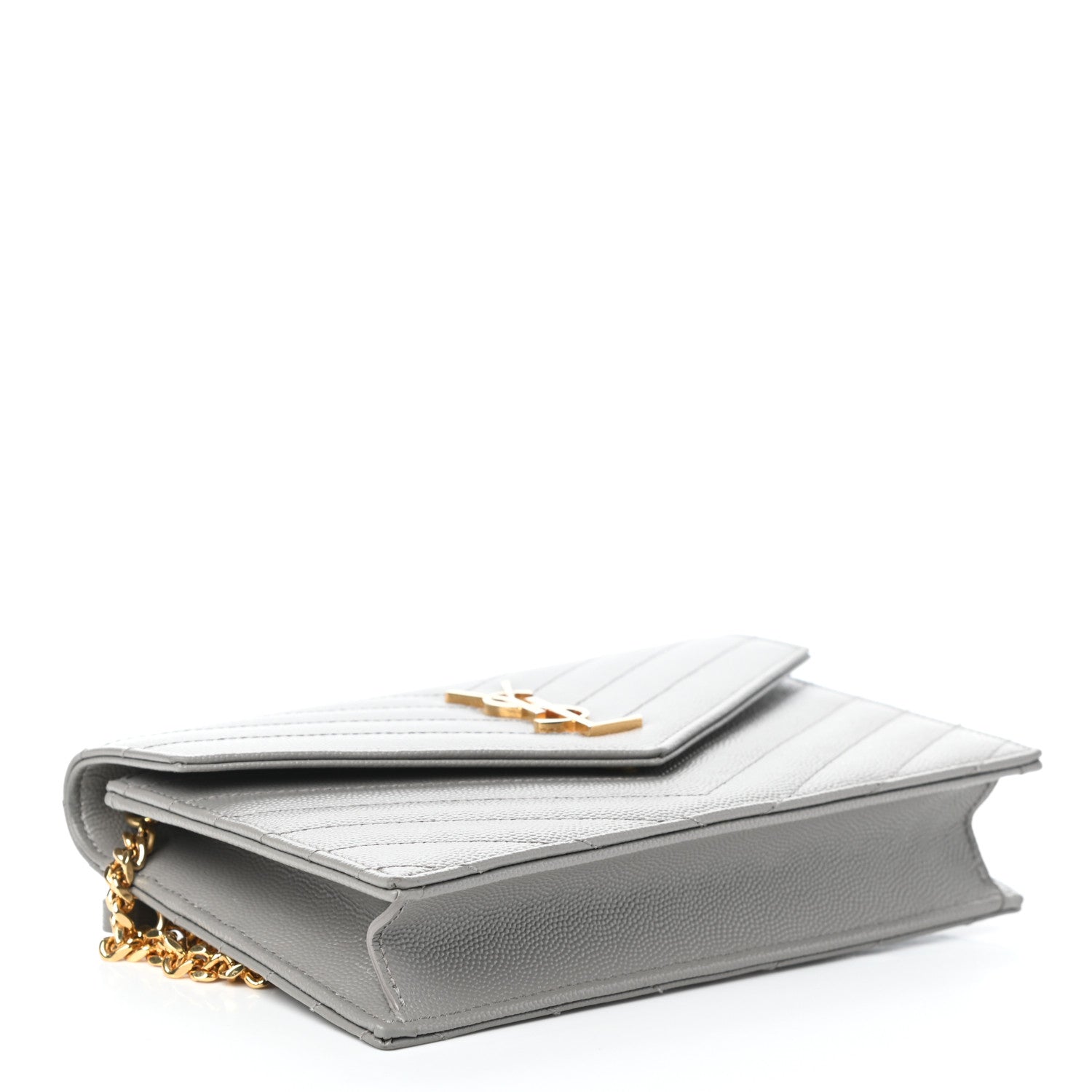 Saint Laurent Grain De Poudre Matelasse Chevron Monogram Envelope Chain Wallet Oyster Grey 4 of 8