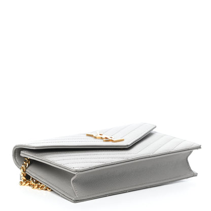 Saint Laurent Grain De Poudre Matelasse Chevron Monogram Envelope Chain Wallet Oyster Grey 4 of 8