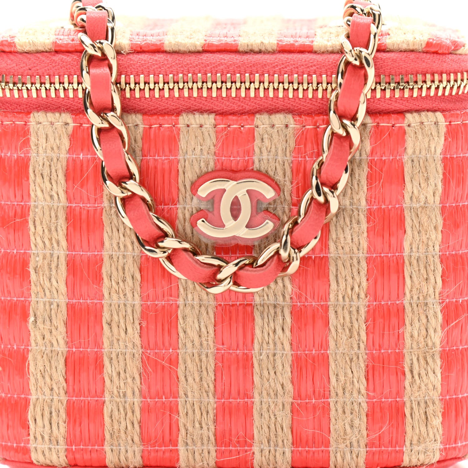 Chanel Raffia Jute Striped Mini Vanity Case With Chain Red Beige 7 of 9