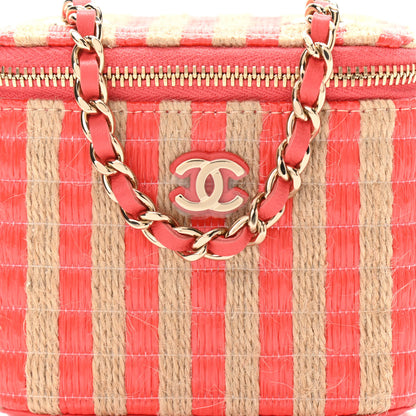 Chanel Raffia Jute Striped Mini Vanity Case With Chain Red Beige 7 of 9