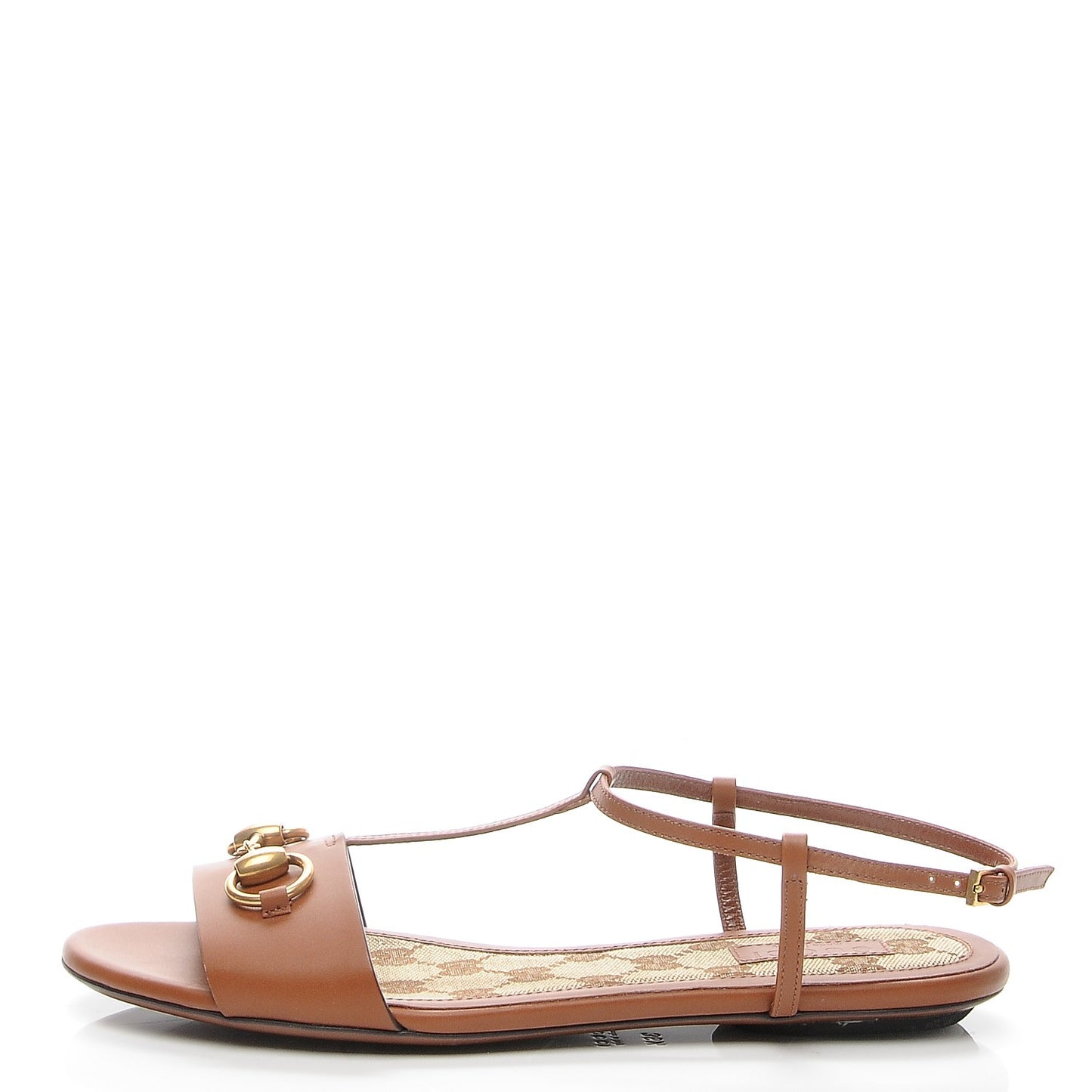 Calfskin Monogram Horsebit T-Strap Flat Sandals 36.5 Cognac