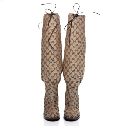 Gucci Monogram Lisa Mid Heel Boots 41 Beige Ebony 2 of 10