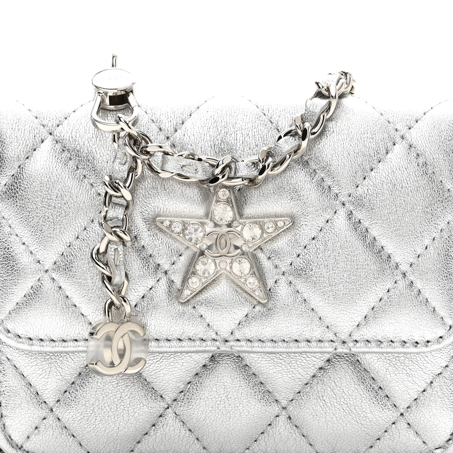 Metallic Lambskin Crystal Quilted Star Chain Belt Bag Silver