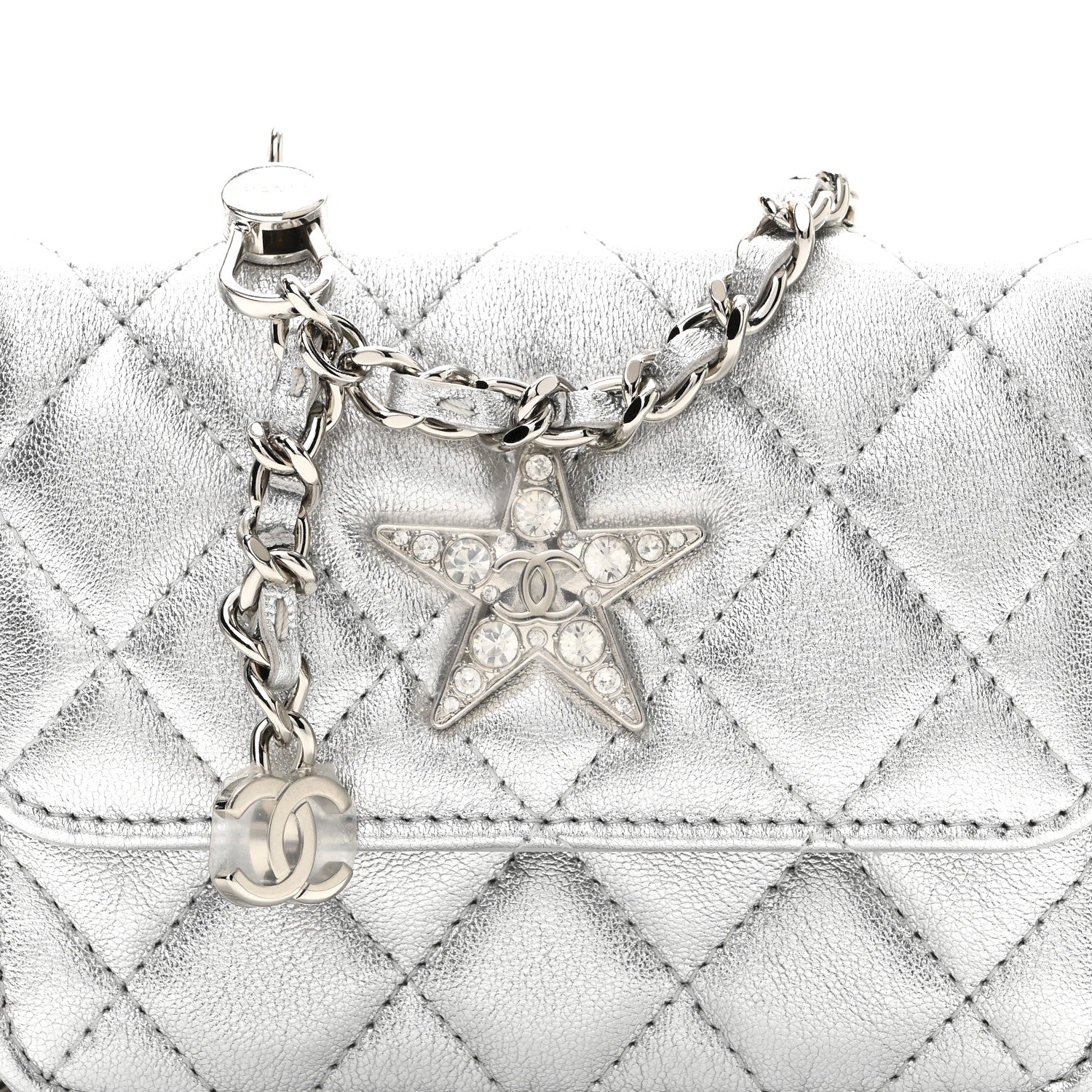 Chanel Metallic Lambskin Crystal Quilted Star Chain Belt Bag Silver 8 of 8