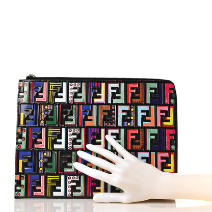Fendi Vitello Dolce Fun Fair Embossed Zip Around Pouch Black Multicolor 2 of 8