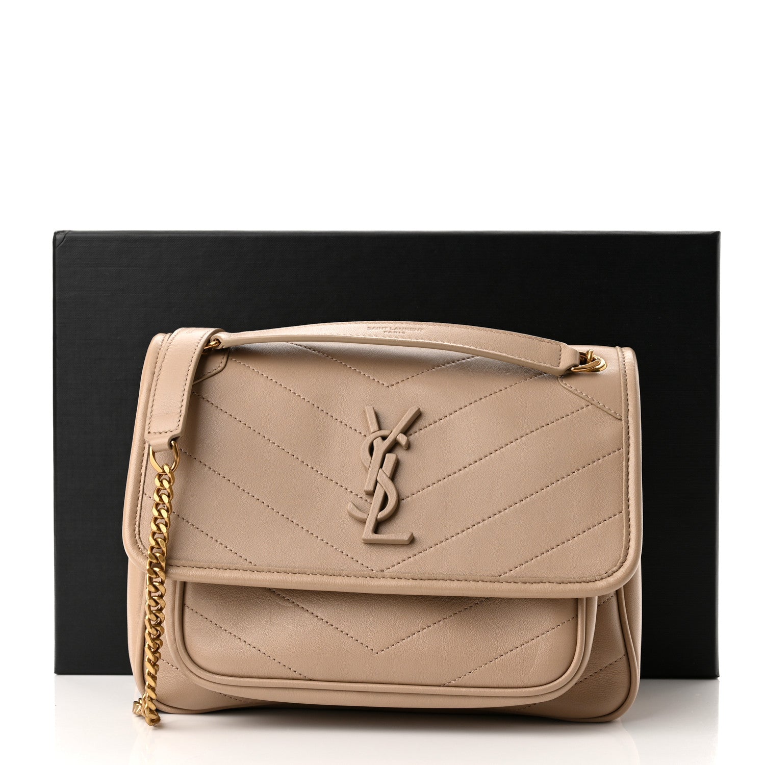 Saint Laurent Lambskin Matelasse Monogram Baby Niki Chain Satchel Dark Beige 10 of 10