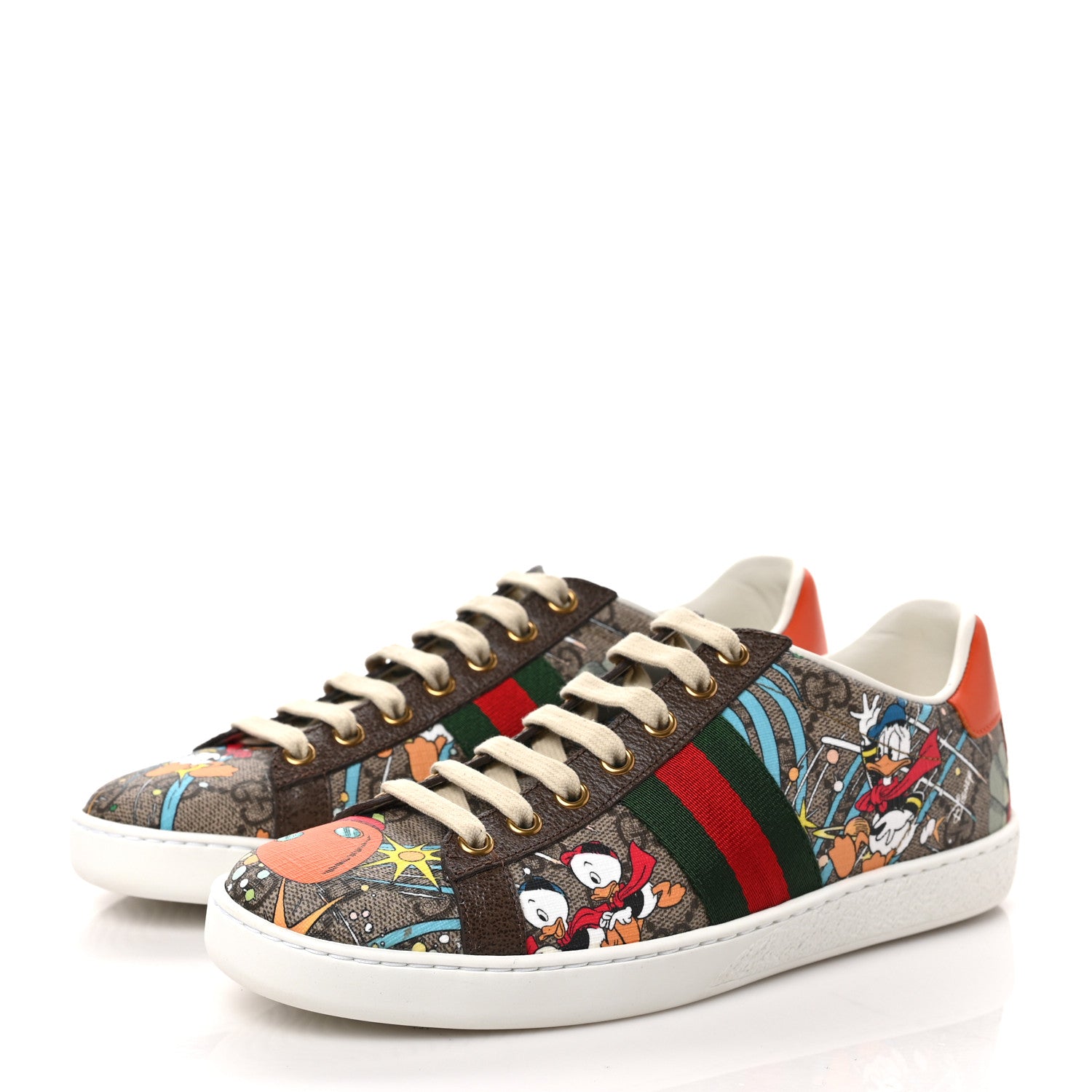 Gucci X DISNEY GG Supreme Monogram Web Donald Duck Womens Ace Sneakers 36.5 Beige New 36.5 Acero Orange 3 of 9