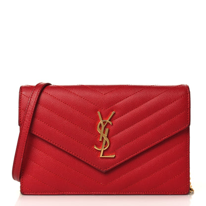 Saint Laurent Grain De Poudre Matelasse Chevron Monogram Envelope Chain Wallet Red 1 of 9