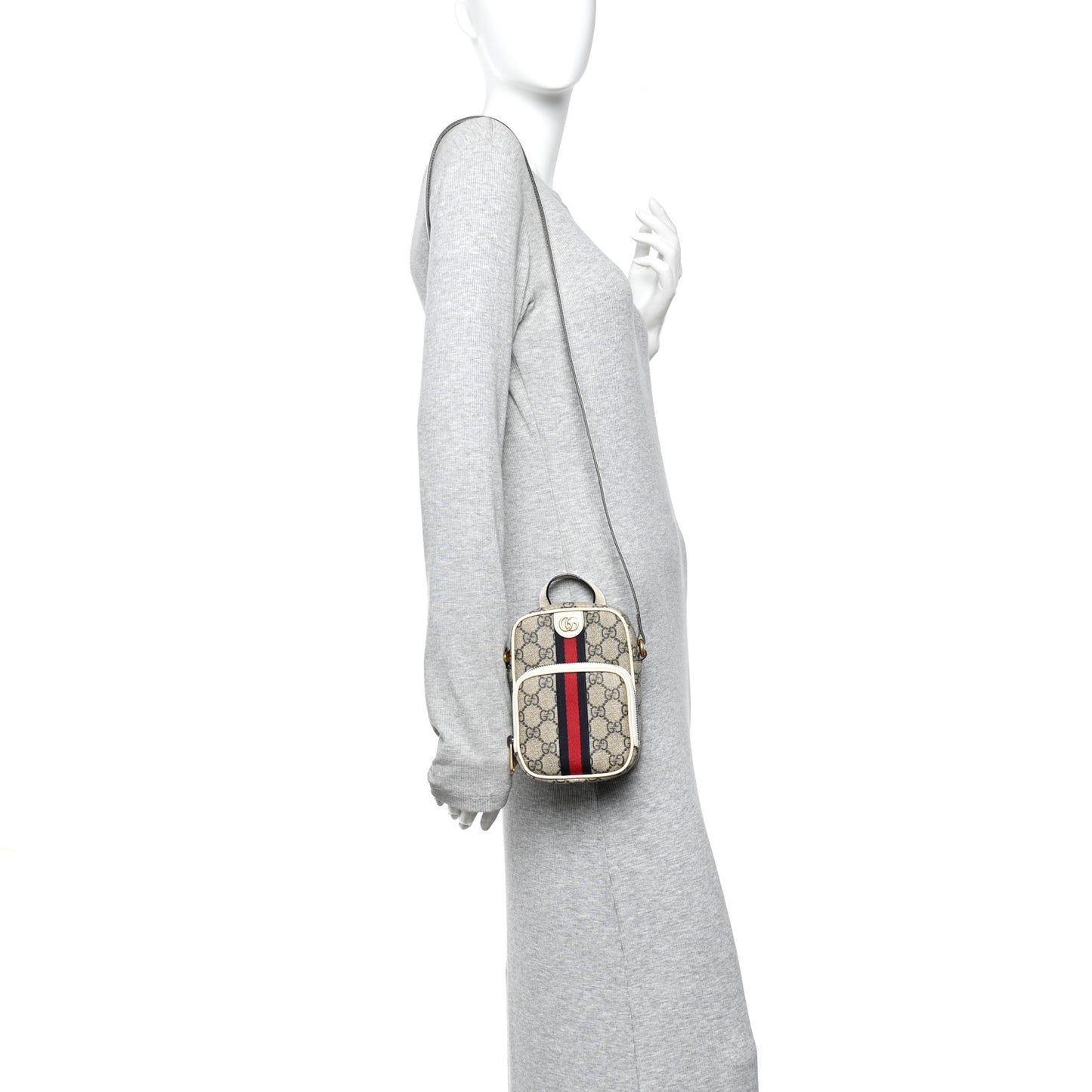 GG Supreme Monogram Web Mini Ophidia Double Zip Messenger Bag Beige Ebony Mystic White