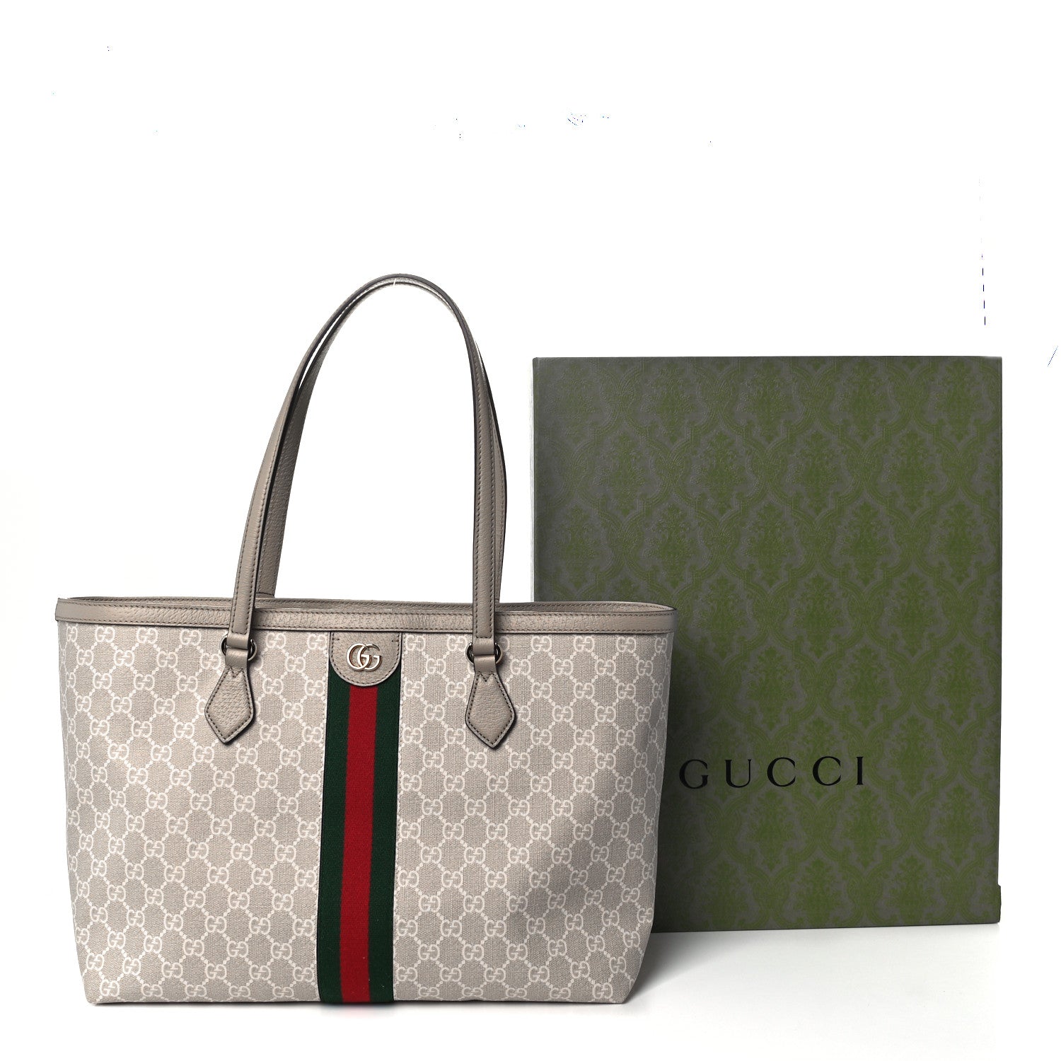 Gucci GG Supreme Monogram Textured Dollar Calfskin Web Medium Ophidia Shopping Tote Beige Mystic White Oatmeal 20 of 21