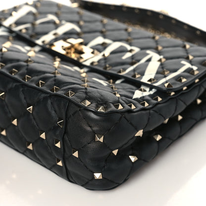 Valentino Garavani Lambskin VLTN Print Medium Rockstud Spike Shoulder Bag Black 8 of 8