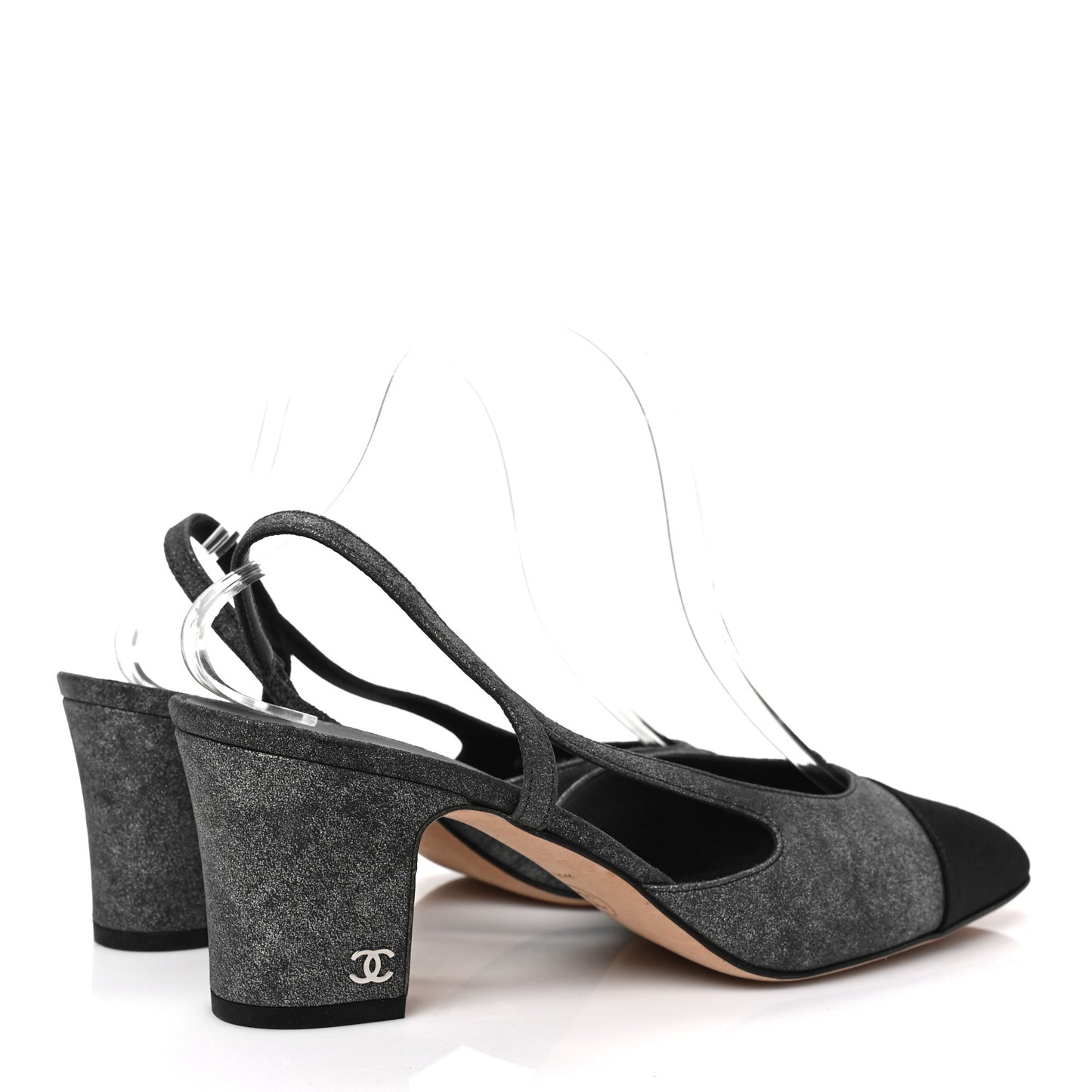 Lambskin Grosgrain Cap Toe CC Slingback Sandals 41 Black Silver