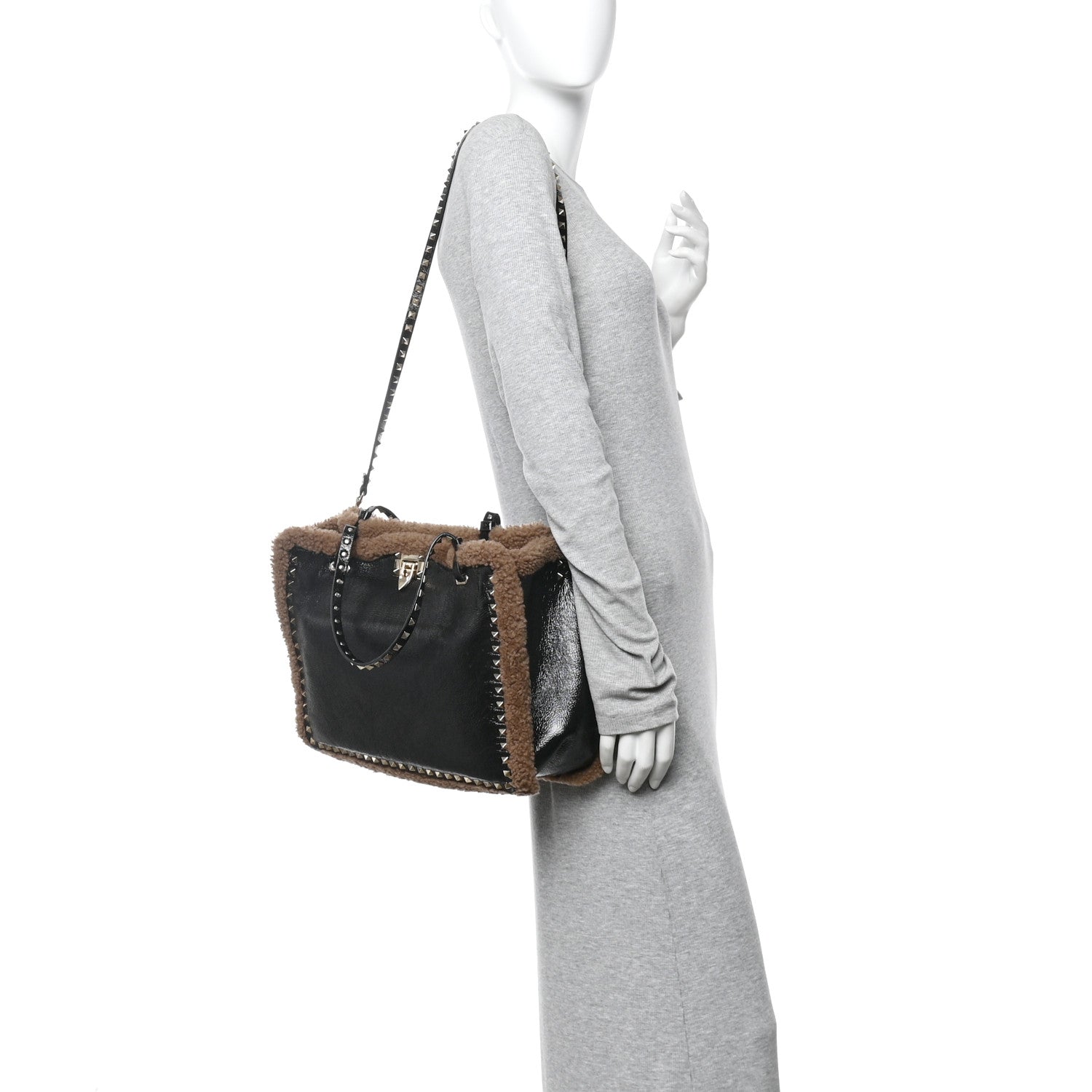 Valentino Garavani Textured Patent Calfskin Shearling Medium Rockstud Tote Black 2 of 11