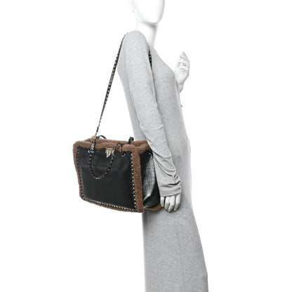 Valentino Garavani Textured Patent Calfskin Shearling Medium Rockstud Tote Black 2 of 11