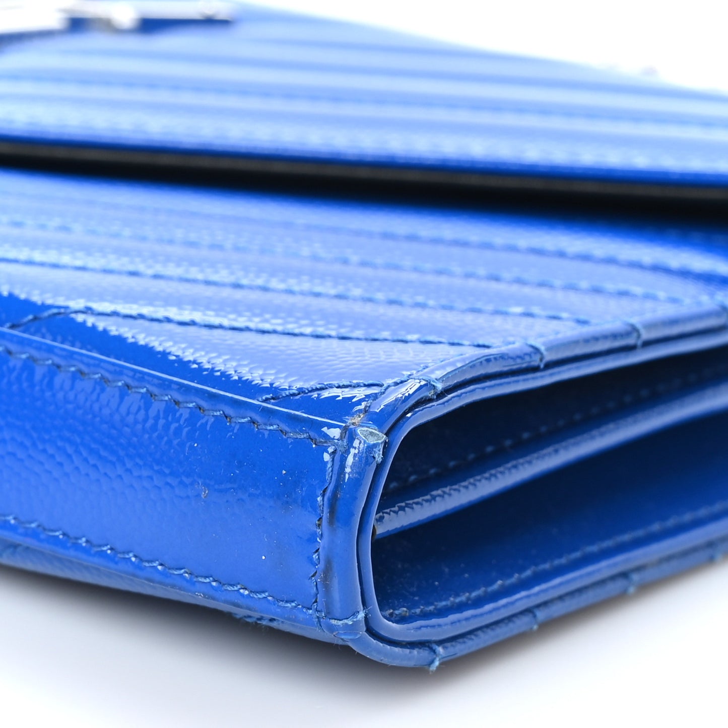 Patent Grain De Poudre Matelasse Chevron Monogram Chain Wallet Blue Majorelle