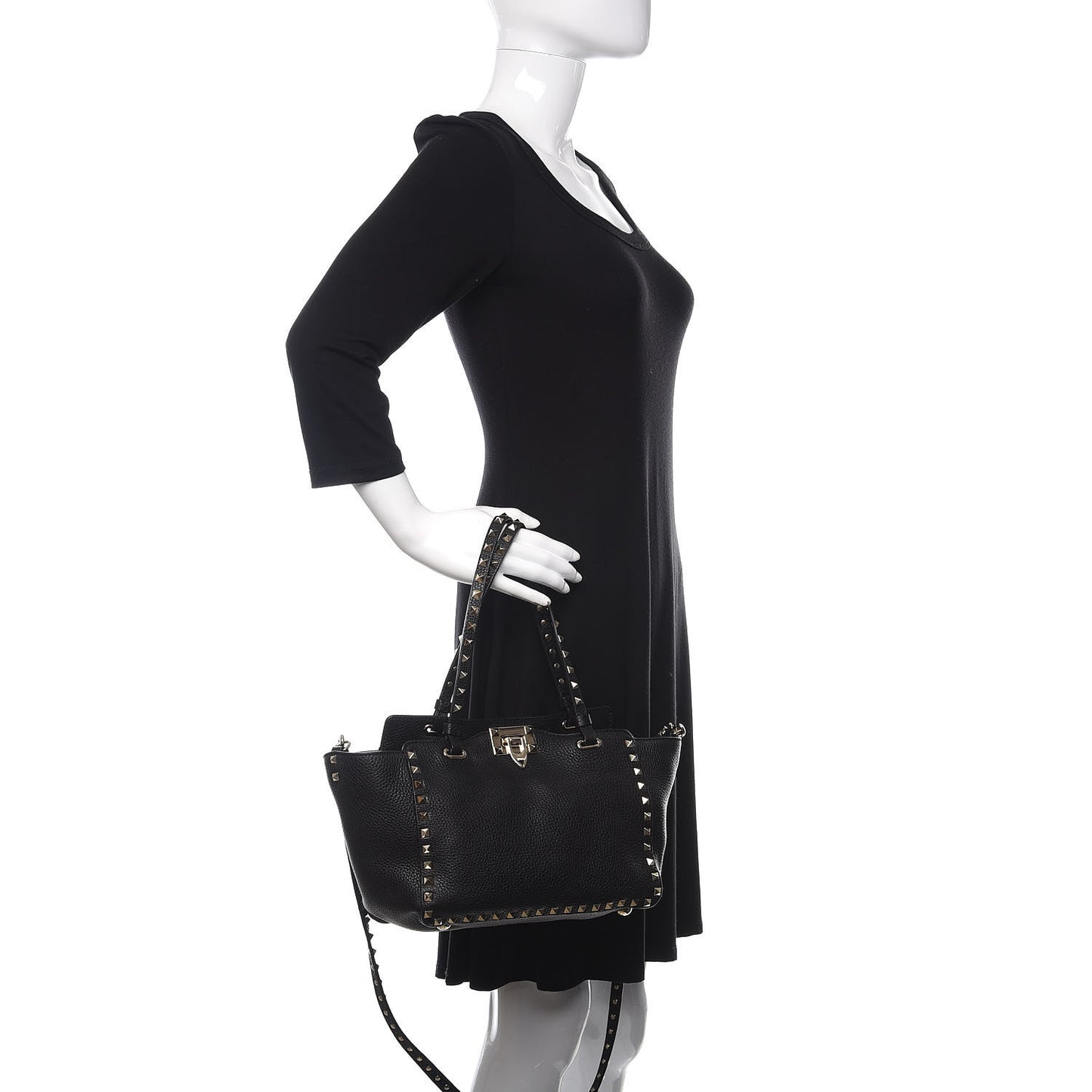 Grained Calfskin Small Rockstud Tote Black