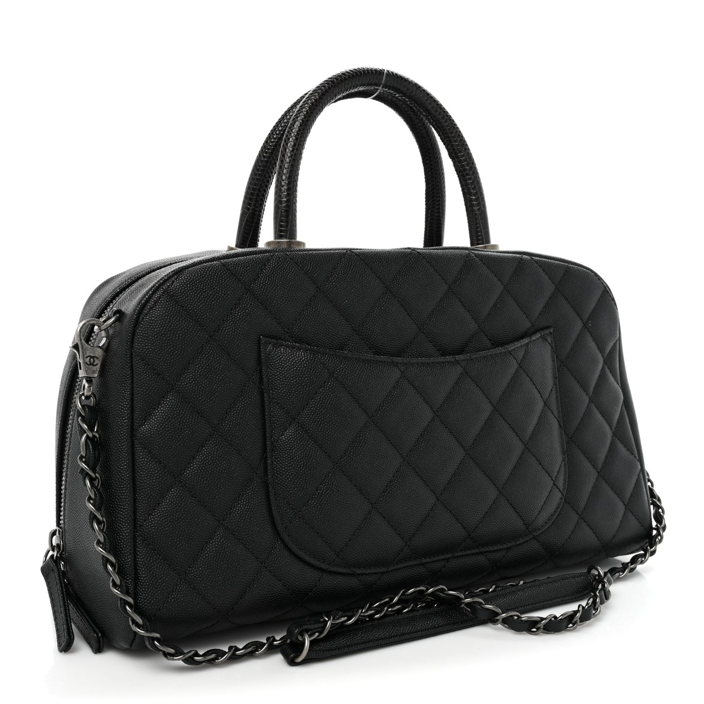 Caviar Lizard Quilted Coco Handle Bowler Black
