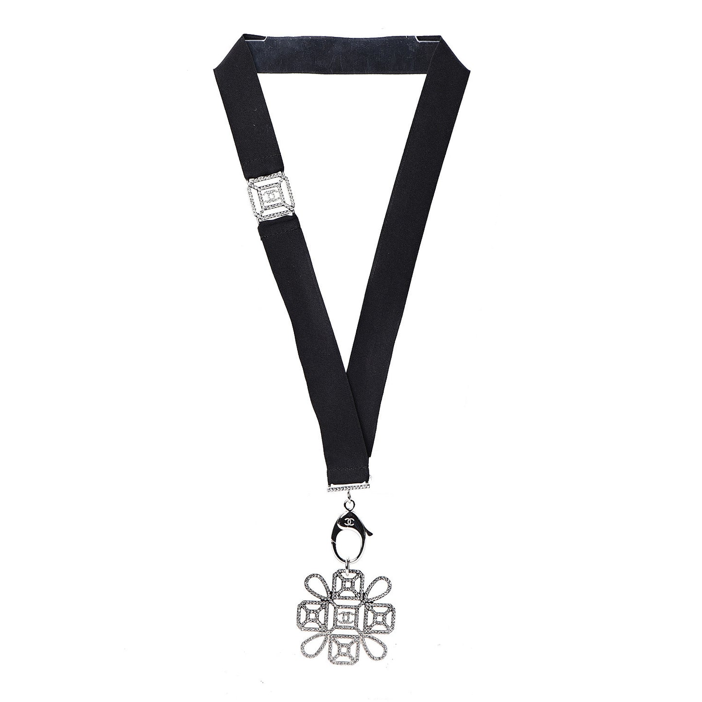 Crystal CC Cross Lanyard Necklace Black Silver