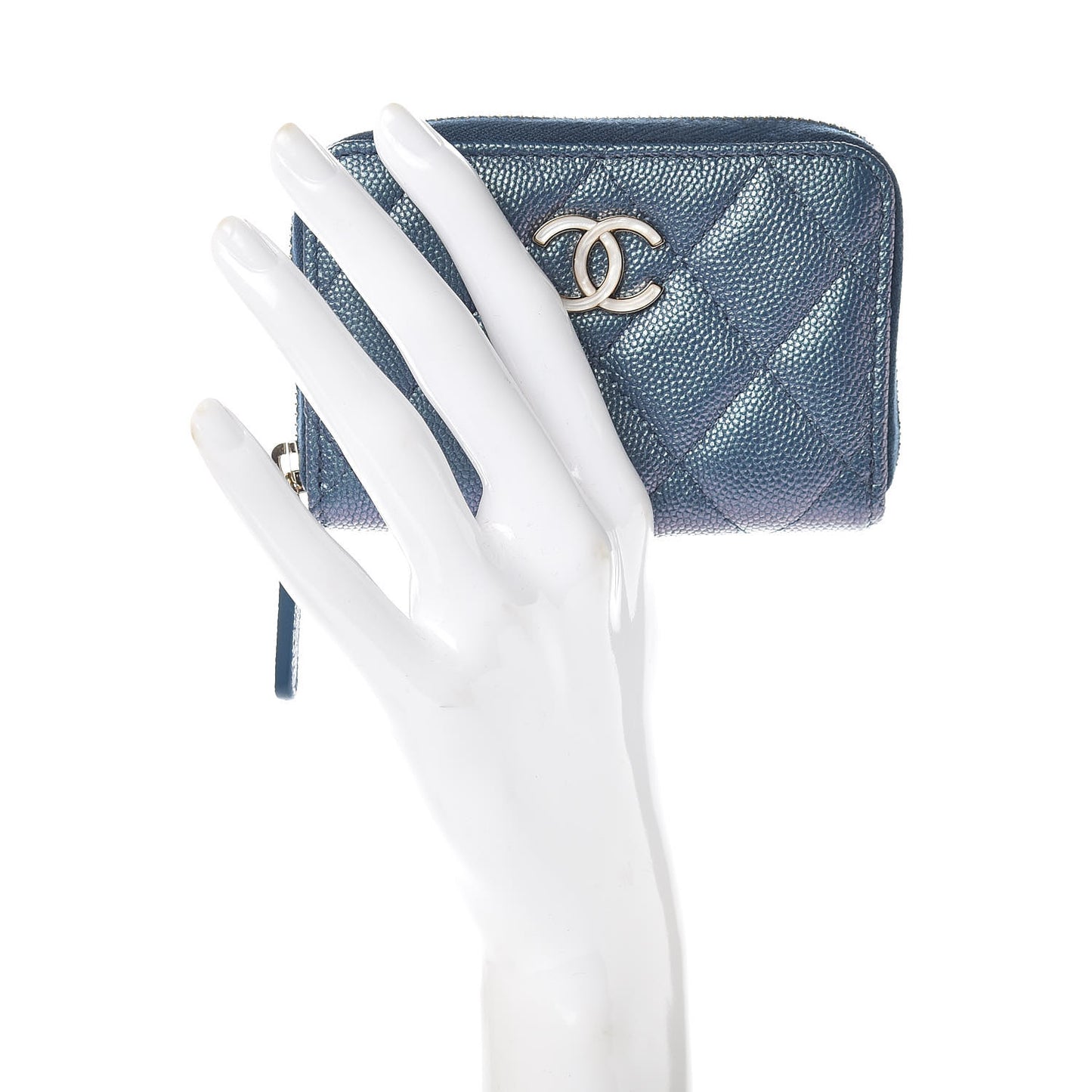 Iridescent Caviar Quilted Zip Coin Purse Blue