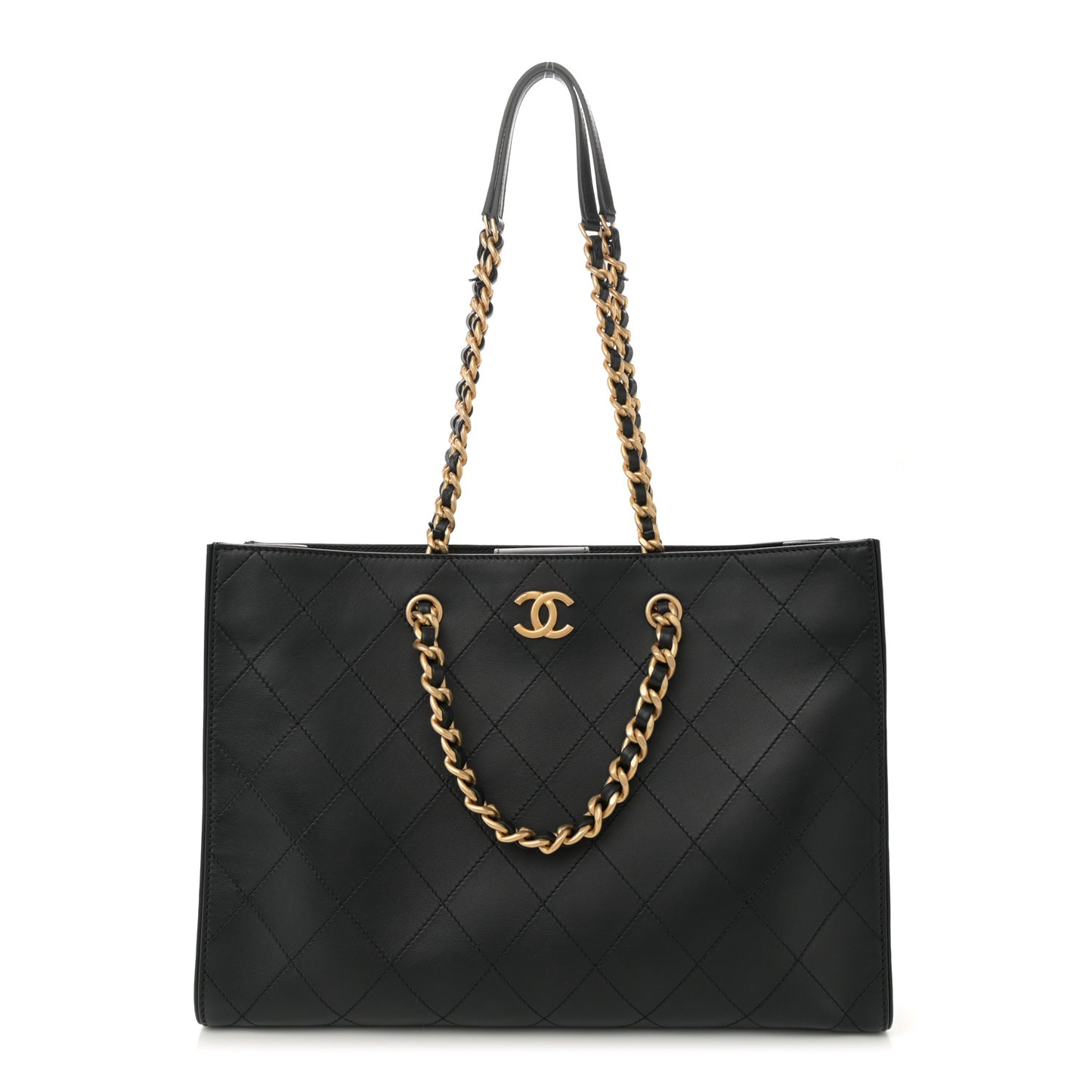 Calfskin Stitched Large Shopping Tote Black