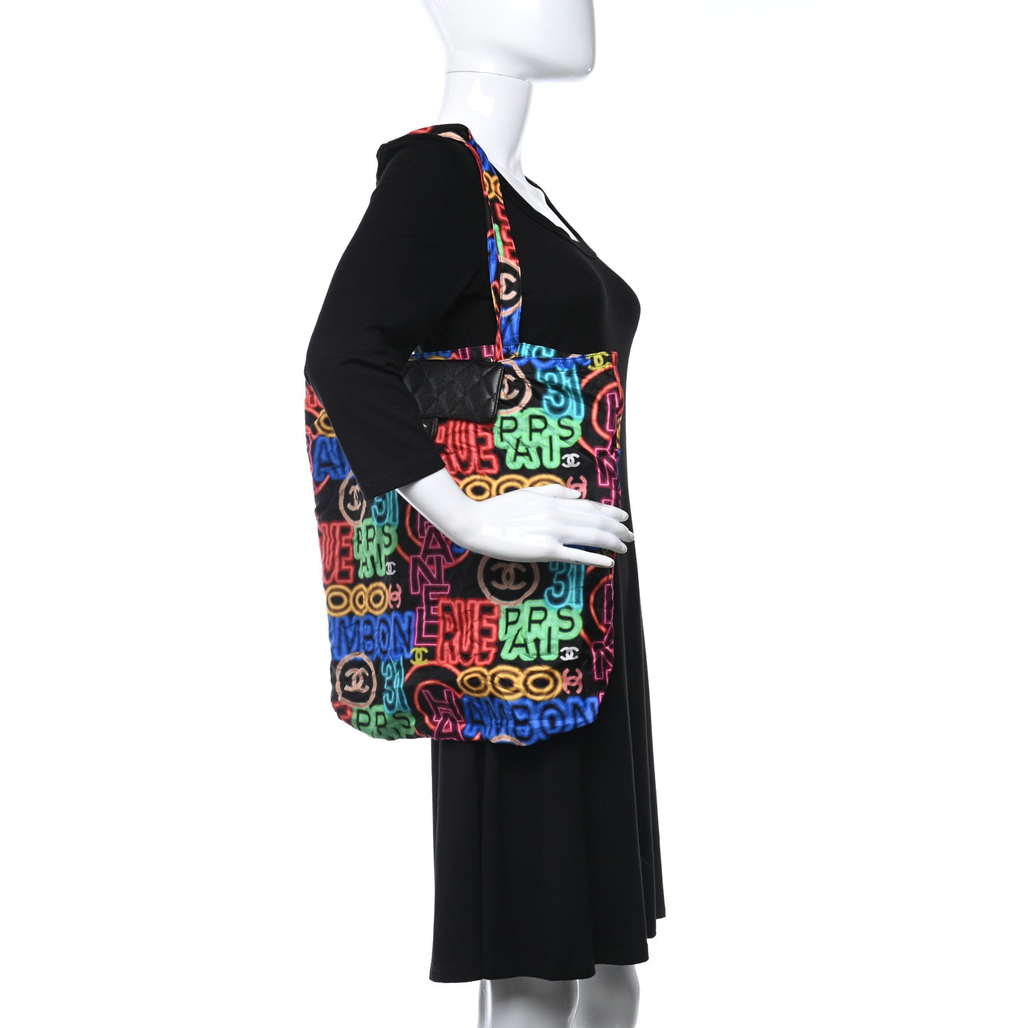 Chanel Caviar Fabric Graffiti Foldable Tote Bag With Chain Black Multicolor 3 of 12
