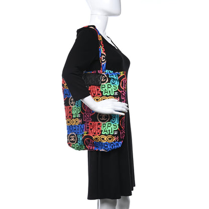 Chanel Caviar Fabric Graffiti Foldable Tote Bag With Chain Black Multicolor 3 of 12