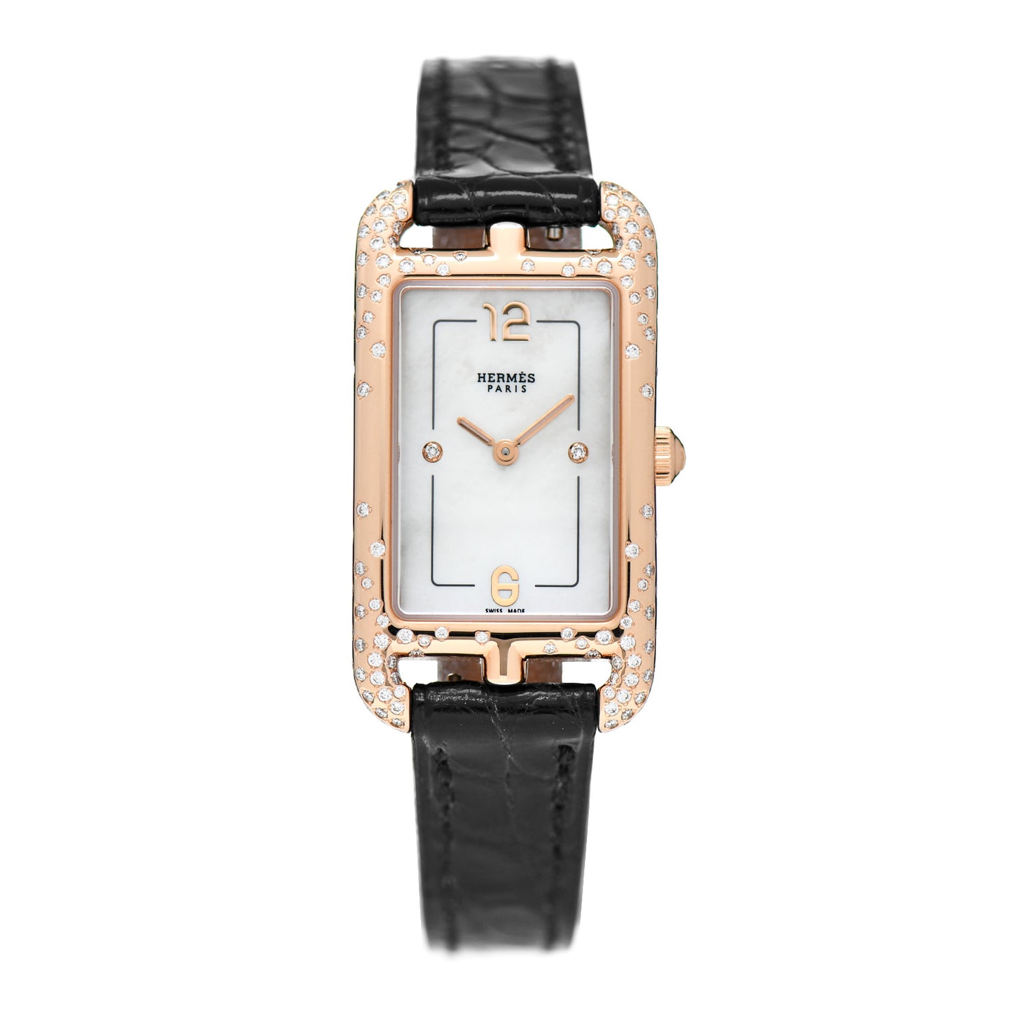 18K Rose Gold Alligator Diamond Mother of Pearl 20mm Nantucket Quartz Watch Noir