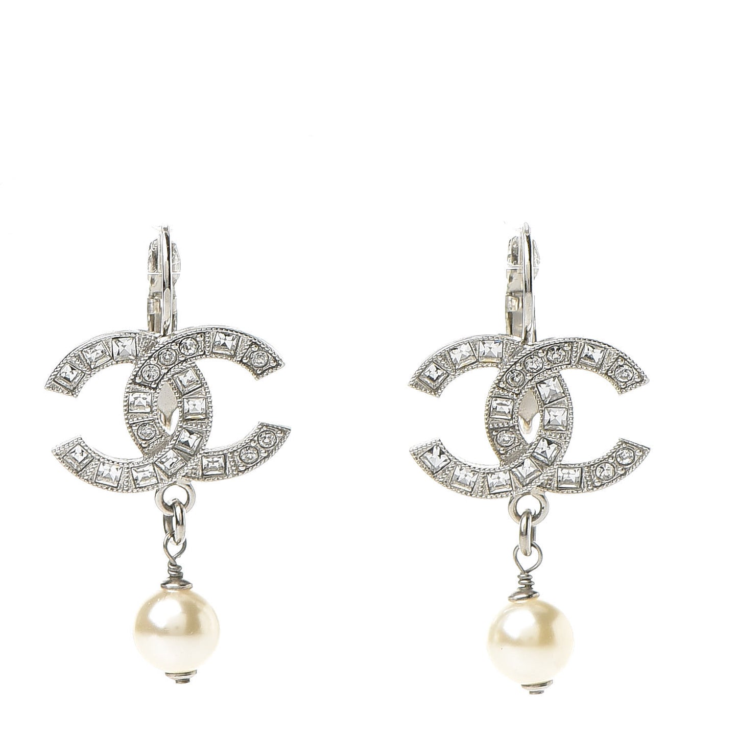 Baguette Crystal Pearl CC Drop Earrings Silver