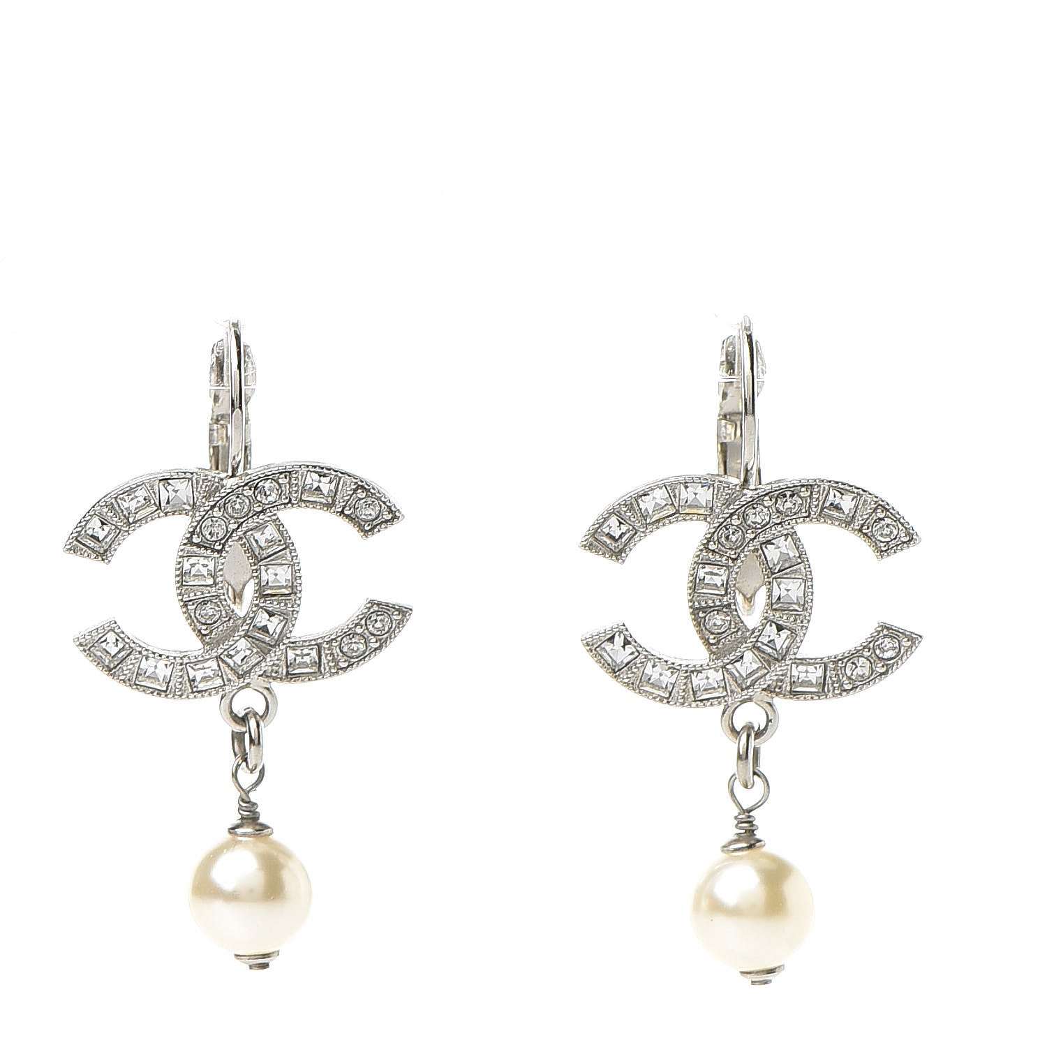 Chanel Baguette Crystal Pearl CC Drop Earrings Silver 1 of 4