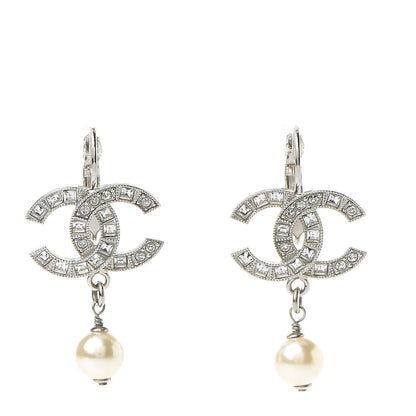 Chanel Baguette Crystal Pearl CC Drop Earrings Silver 1 of 4