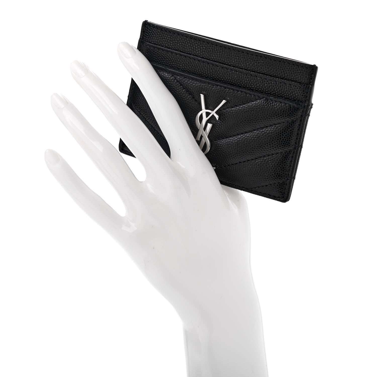 Saint Laurent Grain De Poudre Matelasse Chevron Monogram Credit Card Case Black 2 of 7