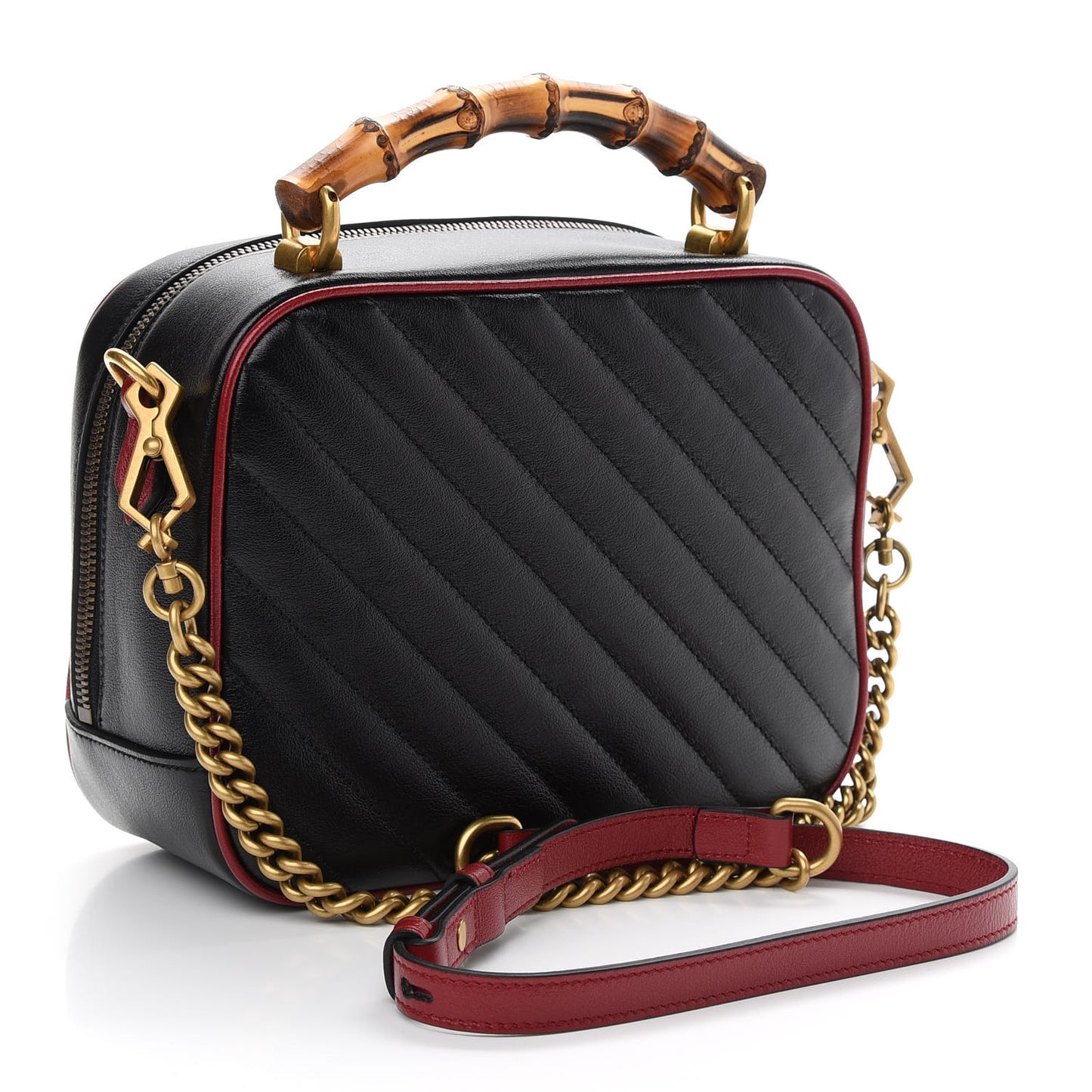 Vintage Effect Calfskin Matelasse Diagonal Small Torchon GG Marmont Bamboo Top Handle Shoulder Bag Black Romantic Cherry