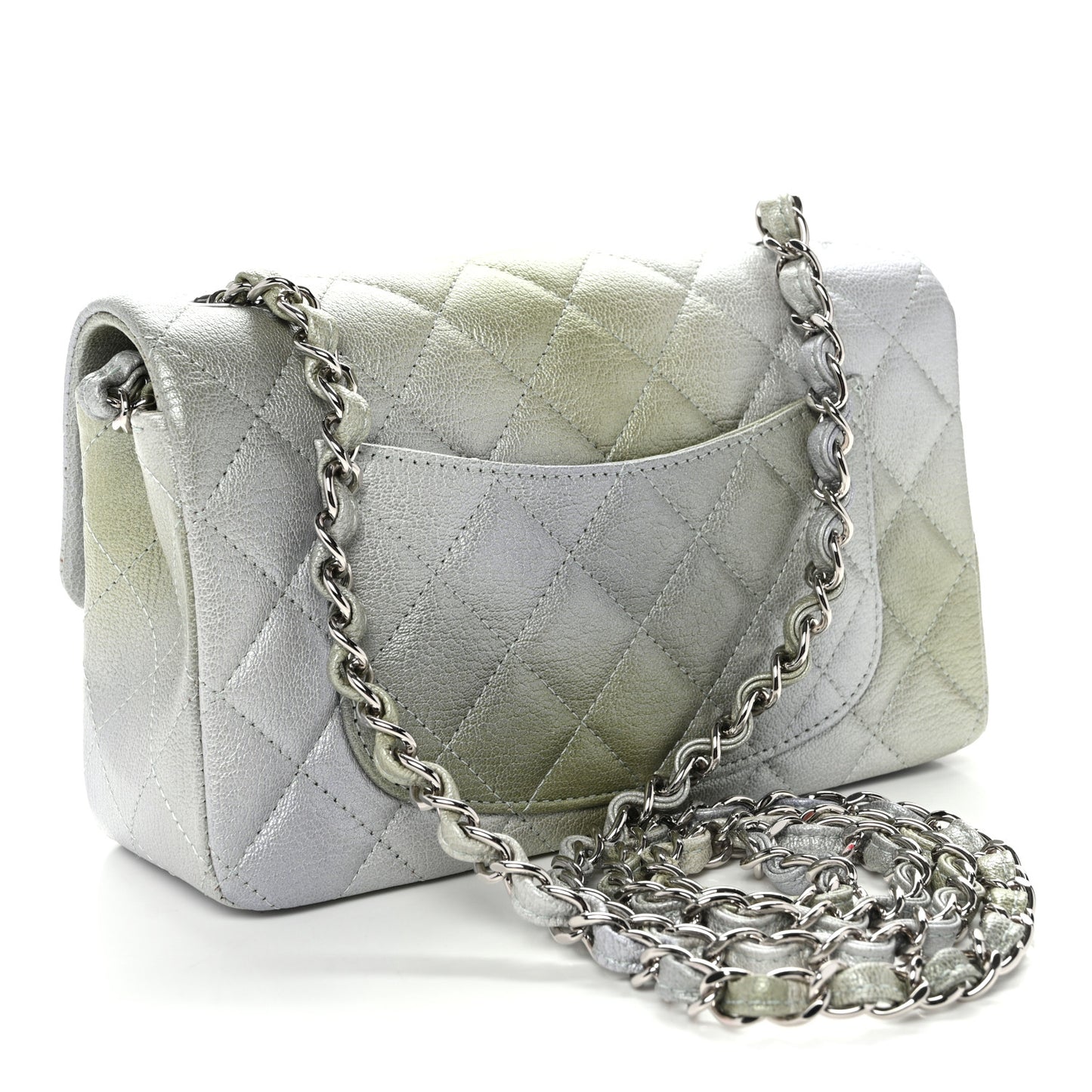 Metallic Goatskin Quilted Ombre Mini Rectangular Flap Grey Green